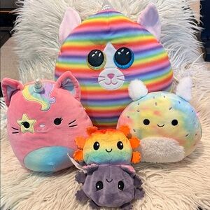 13"TY Heather Rainbow Cat, 9" Sienna Caticorn, & 7" Noe Sea Bunny Squishmallows